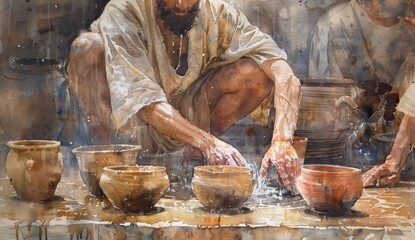 Watercolor art depicting Jesus washing the feet of his disciples, with an ethereal and spiritual background, using soft pastel colors creating a dreamy atmosphere, with a detailed depiction of hands