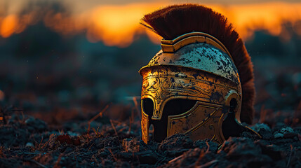 Obraz premium Close-up shot, gold roman helmet on an earth soil ground with a sunset background and slightly orange sky. Isolated, clear simple visual, bokeh, golden hour