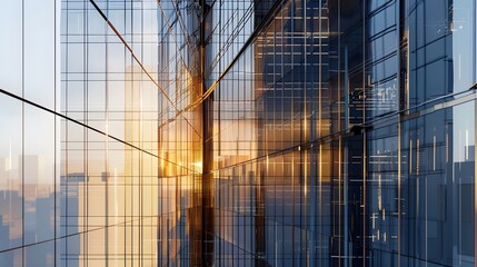 Skyscraper Facade with Reflective Glass Panels and Intricate Steel Structures