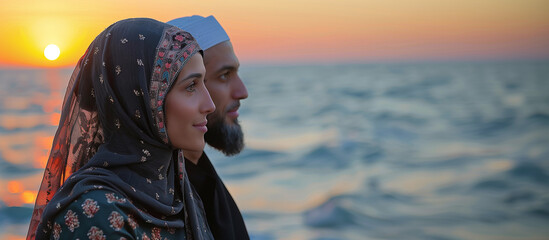 Veiled Love: Muslim Couple's Timeless Romance in Tangier Sunset,generated by IA