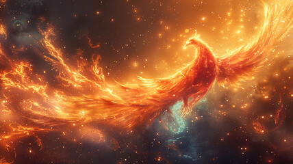 Obraz premium A digital phoenix rising from a sea of binary ashes.
