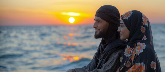 Golden Hour Grace: Close-Up of Muslim Couple's Radiant Love at Sunset ,generated by IA