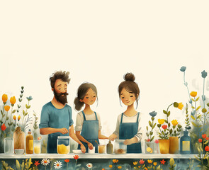 A young family is preparing dinner. A man and a woman with a teenage daughter cooking together. On the table there are cans of cereals and plates. Family idyll. Lunch. Postcard. Banner. For notes. 