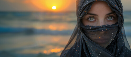 Golden Hour Grace: Close-Up of Niqab-Wearing Woman's Serene Radiance,generated by IA