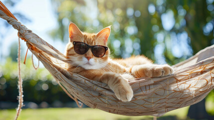 A cat with sunglasses lounging in a hammock on a sunny day
