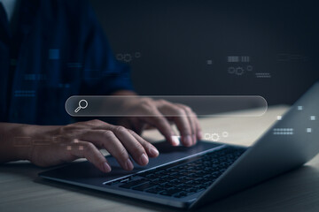 concept of technology search engine optimization,SEO and job search tools.Close-up of man using...