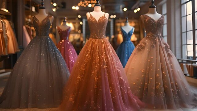 This Various dresses hanging on racks in a store for customers to browse and shop.