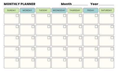 Horizontal monthly planner page with month and year. Empty monthly notes page. Vector illustration.