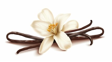 Illustration of a white magnolia flower paired with vanilla pods on a plain background.