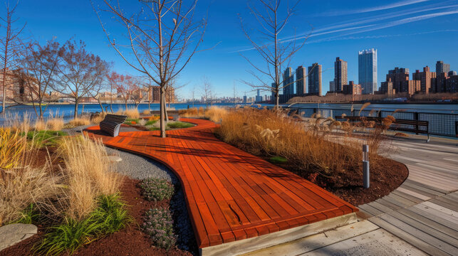 A wooden walkway runs parallel to a winding river, offering a scenic route for pedestrians to enjoy the waterfront views