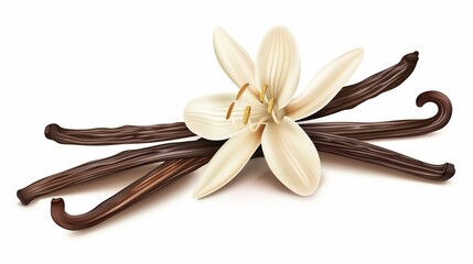 Illustration of a white vanilla flower and several dark brown vanilla pods on a white background.