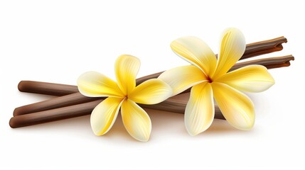 Realistic illustration of two yellow plumeria flowers with brown vanilla pods on a white background.
