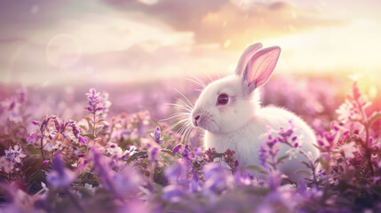 Fototapeta premium A white rabbit is calmly sitting in a field filled with vibrant purple flowers, blending in beautifully with its surroundings