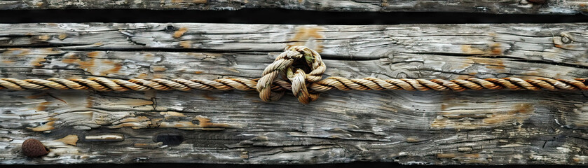 Fototapeta premium Weathered Wooden Dock: Close-Up of Textured Wooden Dock with Nautical Rope Details