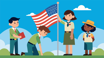One scout carefully lowering the American flag while others stand at attention demonstrating reverence and reverence for the symbolic act.. Vector illustration