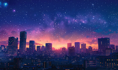 Looking up at night sky with stars above towering city buildings. Generate AI