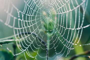 Shimmering Gossamer Web Glistening with Morning Dew Droplets Natural Closeup Macro Photography of Delicate Spiderweb Texture