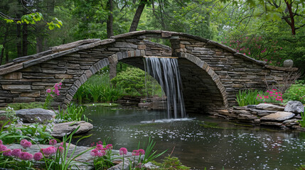 A stone bridge spans a small stream in a garden setting, connecting two sides of the lush landscape