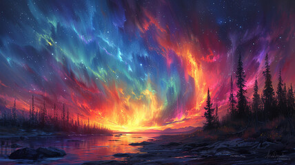 A shimmering aurora casting its glow over a landscape of vivid colors.