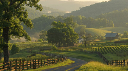 Obraz premium A rural country road leading towards a farm situated in the background on a sunny day