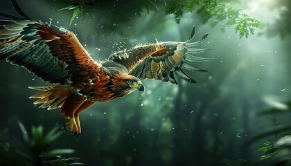 Illustrate a serene forest through the eyes of a soaring eagle, with photorealistic detail in every leaf and ray of sunlight filtering through the canopy