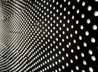 A black background with white dots of varying sizes in a portal pattern, creating an abstract visual effect that resembles the texture of a leather or metal surface. The soft yet focused lighting 