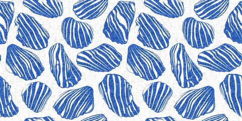 Azure blue white shell motif with linen seamless batik border background. Modern coastal beach cottage rustic shell block print home decor pattern design in sealife beach banner style. 