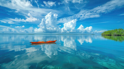 A red boat peacefully floating on the calm surface of a body of water, reflecting the clear blue...