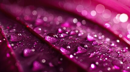 Raindrops on a pink leaf close up. - obrazy, fototapety, plakaty