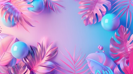 Vibrant digital illustration featuring glossy 3D tropical leaves and spheres in pink and blue hues on a radiant background.
