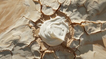 Close-up image of cracked earth with a dollop of white lotion or cream in the center. - obrazy, fototapety, plakaty