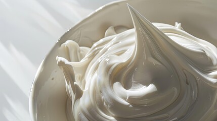 Whipped cream in a white bowl. - obrazy, fototapety, plakaty