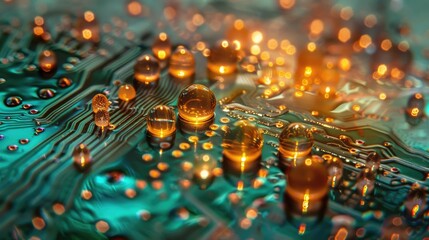 close up of a computer circuit board. The board is green and has many small electronic components on it