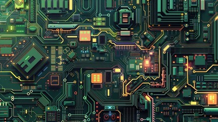 Fototapeta premium The image is of a circuit board with green and yellow lines and components. The board is intricate and complex, with many different components.