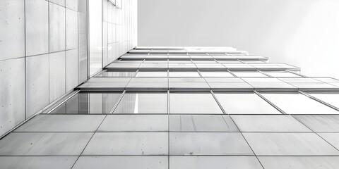 Architectural abstraction of a modern glass and steel commercial building with clean lines and geometric patterns in a city environment