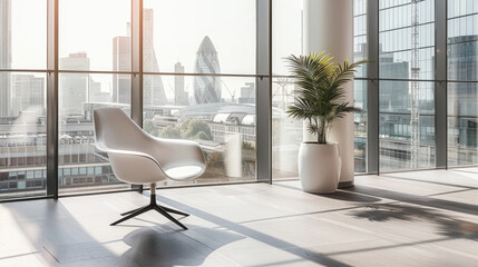 A wooden chair sits next to a lush potted plant in a well-lit room