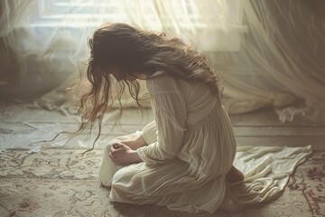A profound scene unfolds in a sacred room as a person kneels in prayer, seeking guidance from the Holy Spirit of God.