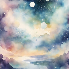 watercolor illustration moon and clouds,Generetive AI