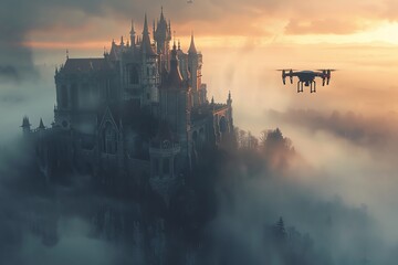 Render a chilling scene straight out of Dracula, with a drone hovering above an old gothic castle, surrounded by a dense fog at sunrise, evoking a sense of impending dread