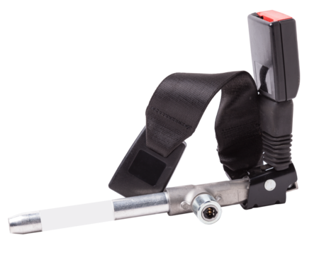 A plastic case with a metal holder for a car seat belt lock with three fastening points in black with a red unlock button. Spare part for replacement during repair or sale.