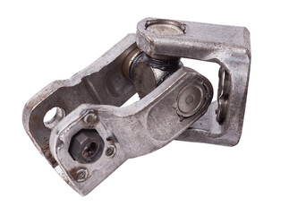Obraz premium The spare part of the car is a metal steering propeller shaft with hinges on a white background with inscriptions designating the model. Repair of equipment at the auto-parsing in the workshop.