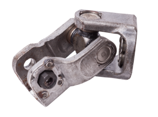 The spare part of the car is a metal steering propeller shaft with hinges on a white background with inscriptions designating the model. Repair of equipment at the auto-parsing in the workshop.