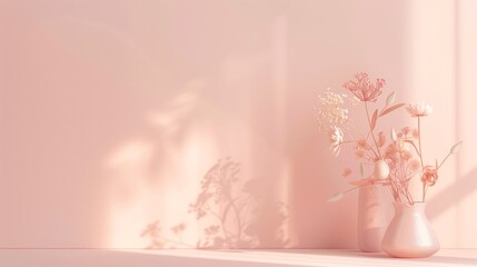 Elegant minimalist still life scene with two vases of dried flowers against a soft pink backdrop with delicate shadows.