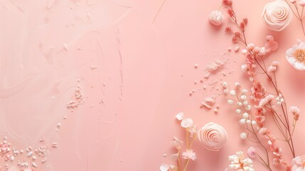 Elegant pink-themed floral arrangement with dried flowers and meringue on a textured background.