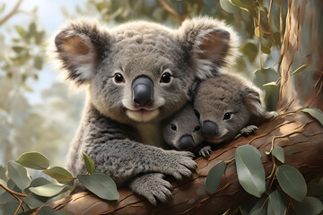 Illustration of a mother koala and her baby cubs on a tree with a forward gaze set against a natural backdrop. Ideal for animal and wildlife contents.