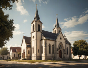 Church on a sunday, lovely serene scene of a little village