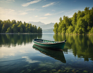 boat on lake, lovely clear still water with forests in the background - Powered by Adobe