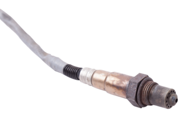 Lambda probe - oxygen sensor device designed to record tamount of remaining oxygen in the exhaust gas of car engine is located in exhaust system. Metal spare part for replacement to repair in workshop