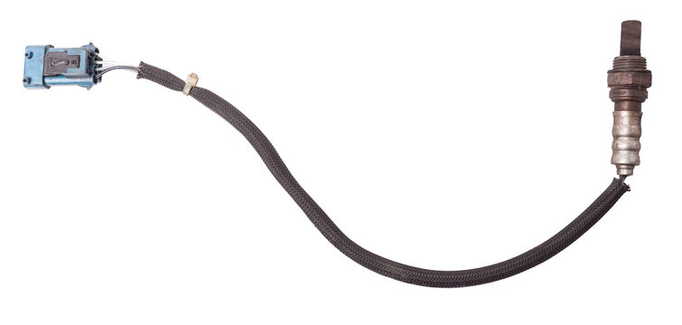 Lambda probe - oxygen sensor device designed to record tamount of remaining oxygen in the exhaust gas of car engine is located in exhaust system. Metal spare part for replacement to repair in workshop