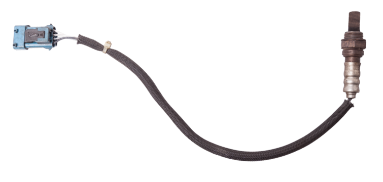 Lambda probe - oxygen sensor device designed to record tamount of remaining oxygen in the exhaust gas of car engine is located in exhaust system. Metal spare part for replacement to repair in workshop